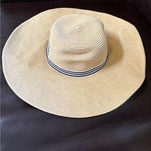 J Crew Wide Brim Straw Hat with Navy Blue and White Striped Grosgrain Band
